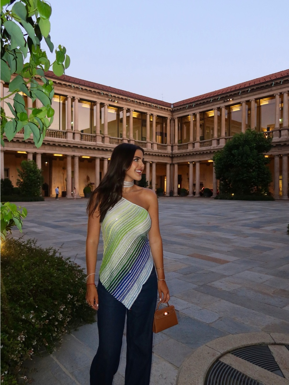 Missoni One-Shoulder Striped Knit Top in Lime, Green and Navy
